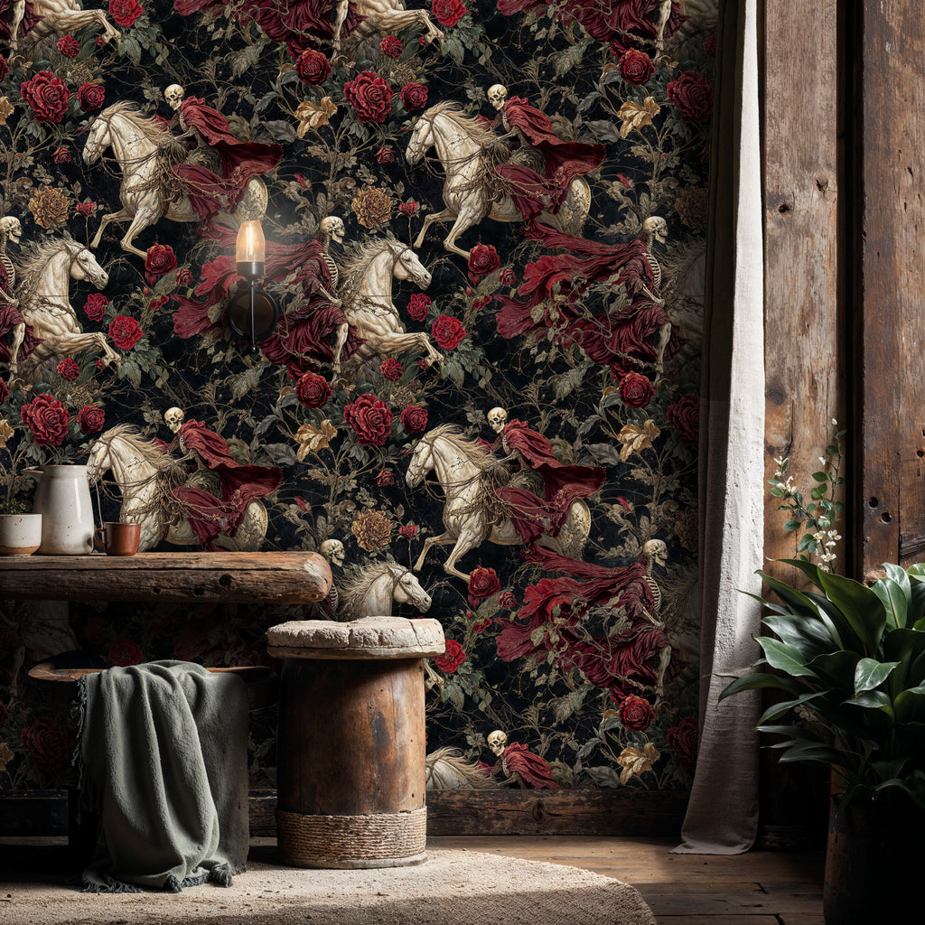 Gothic Skeleton Rider and Red Rose Patterned Dark Wallpaper