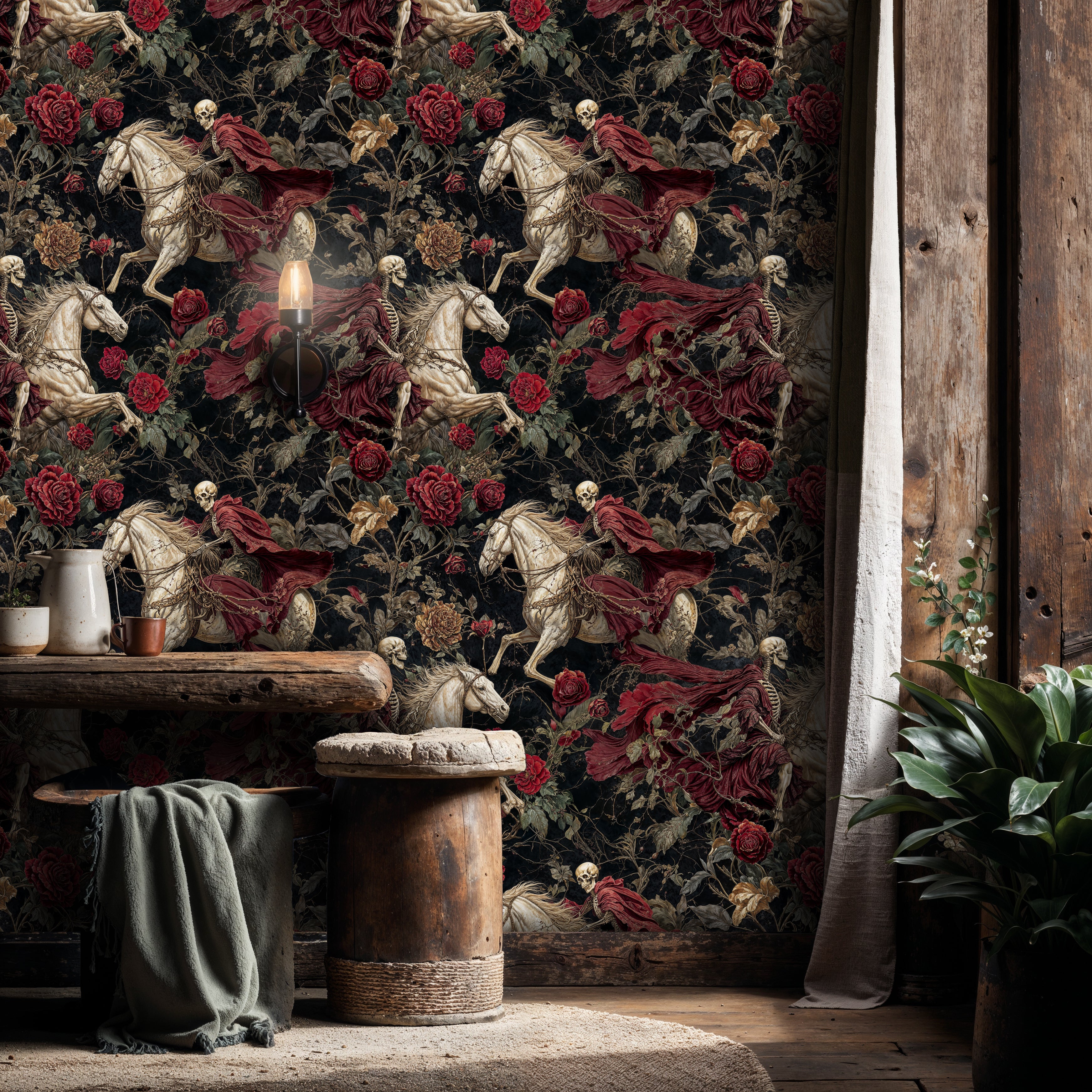 Gothic Skeleton Rider and Red Rose Patterned Dark Wallpaper