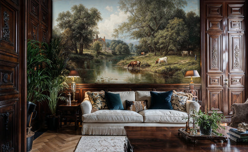 Classic Pastoral River Valley Chateau Mural Wallpaper
