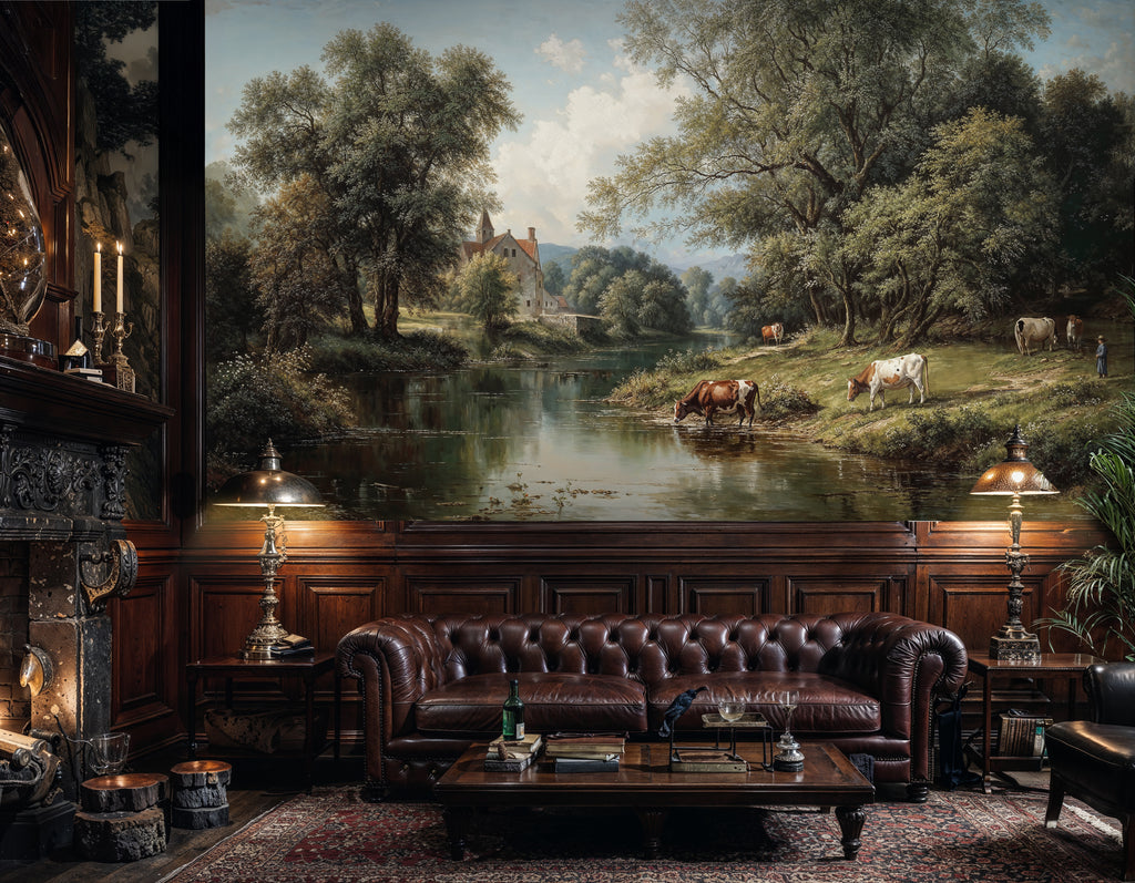 Classic Pastoral River Valley Chateau Mural Wallpaper