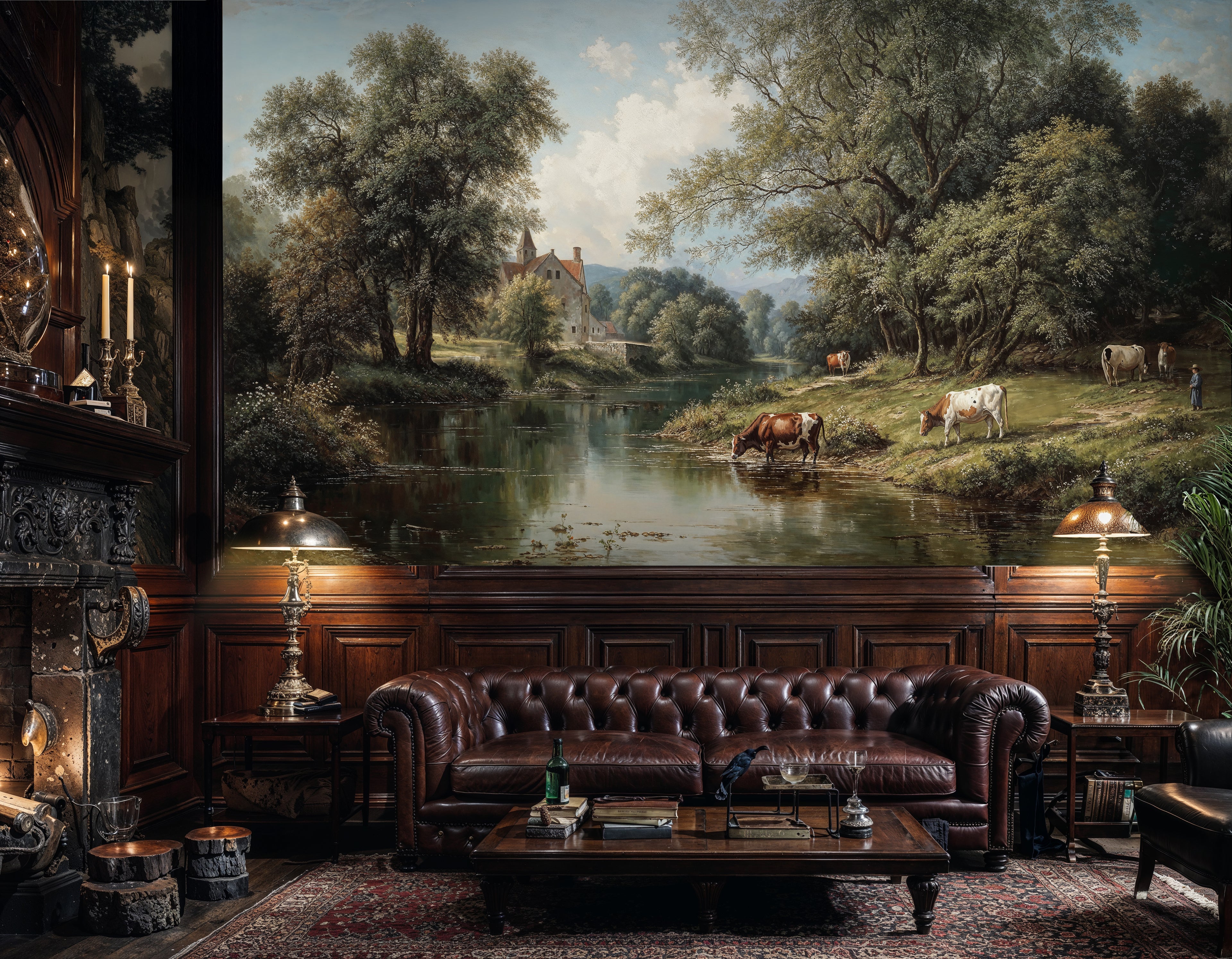 Classic Pastoral River Valley Chateau Mural Wallpaper