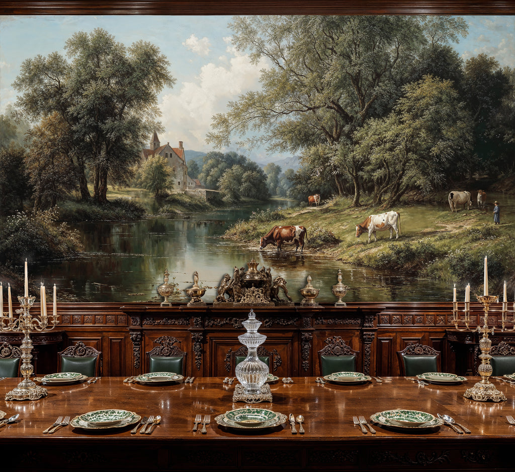 Classic Pastoral River Valley Chateau Mural Wallpaper