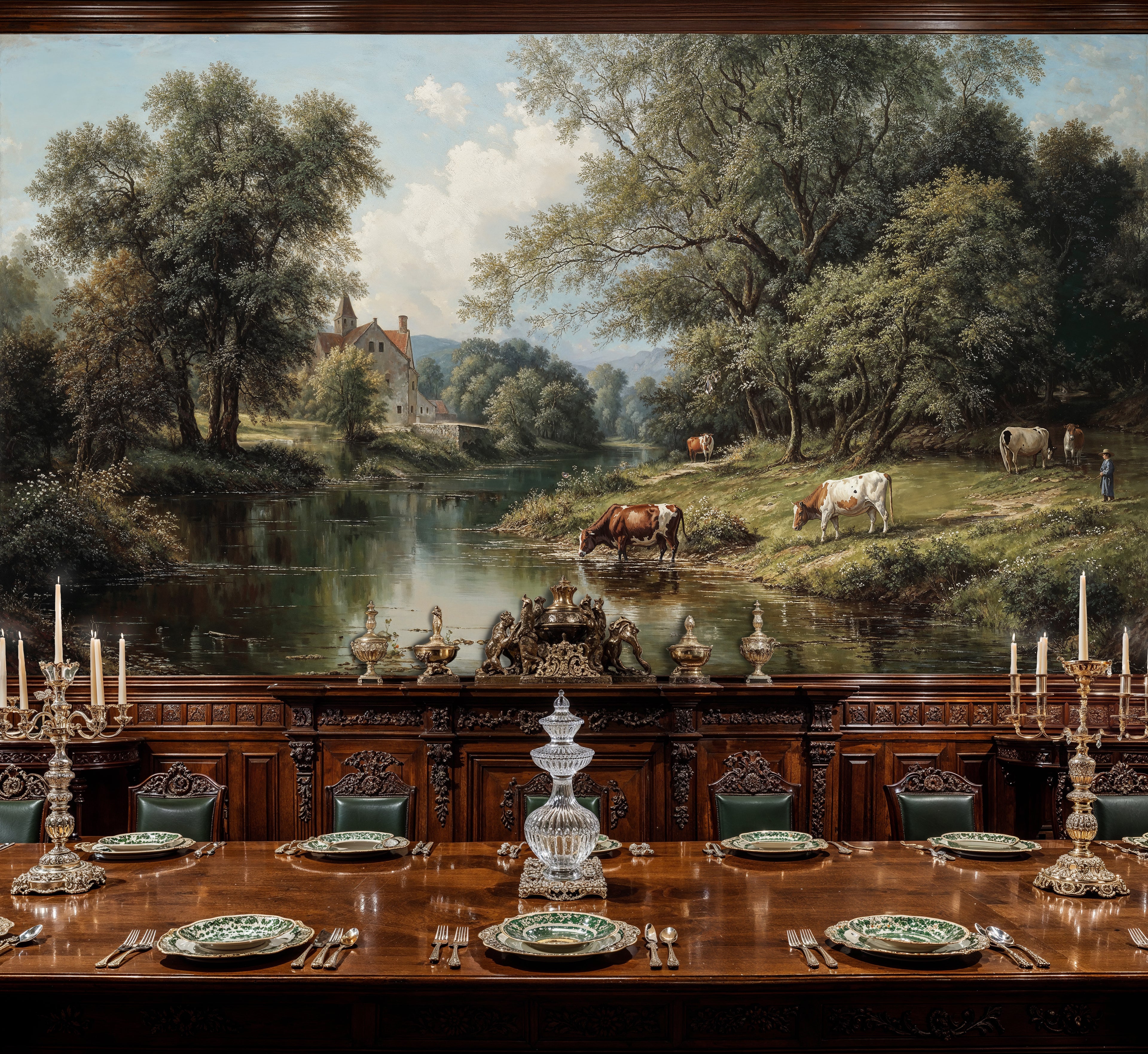 Classic Pastoral River Valley Chateau Mural Wallpaper