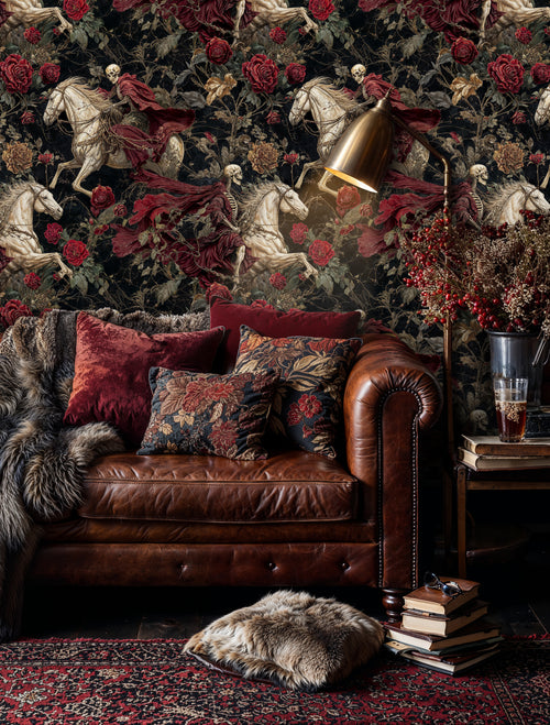 Gothic Skeleton Rider and Red Rose Patterned Dark Wallpaper