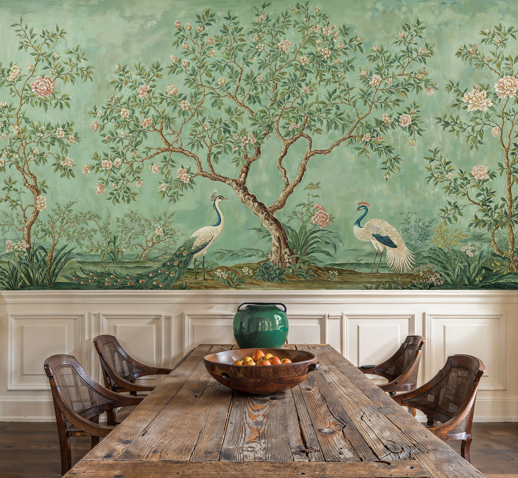 Opulent Chinoiserie Mural with Deep Oxblood Red Wainscoting