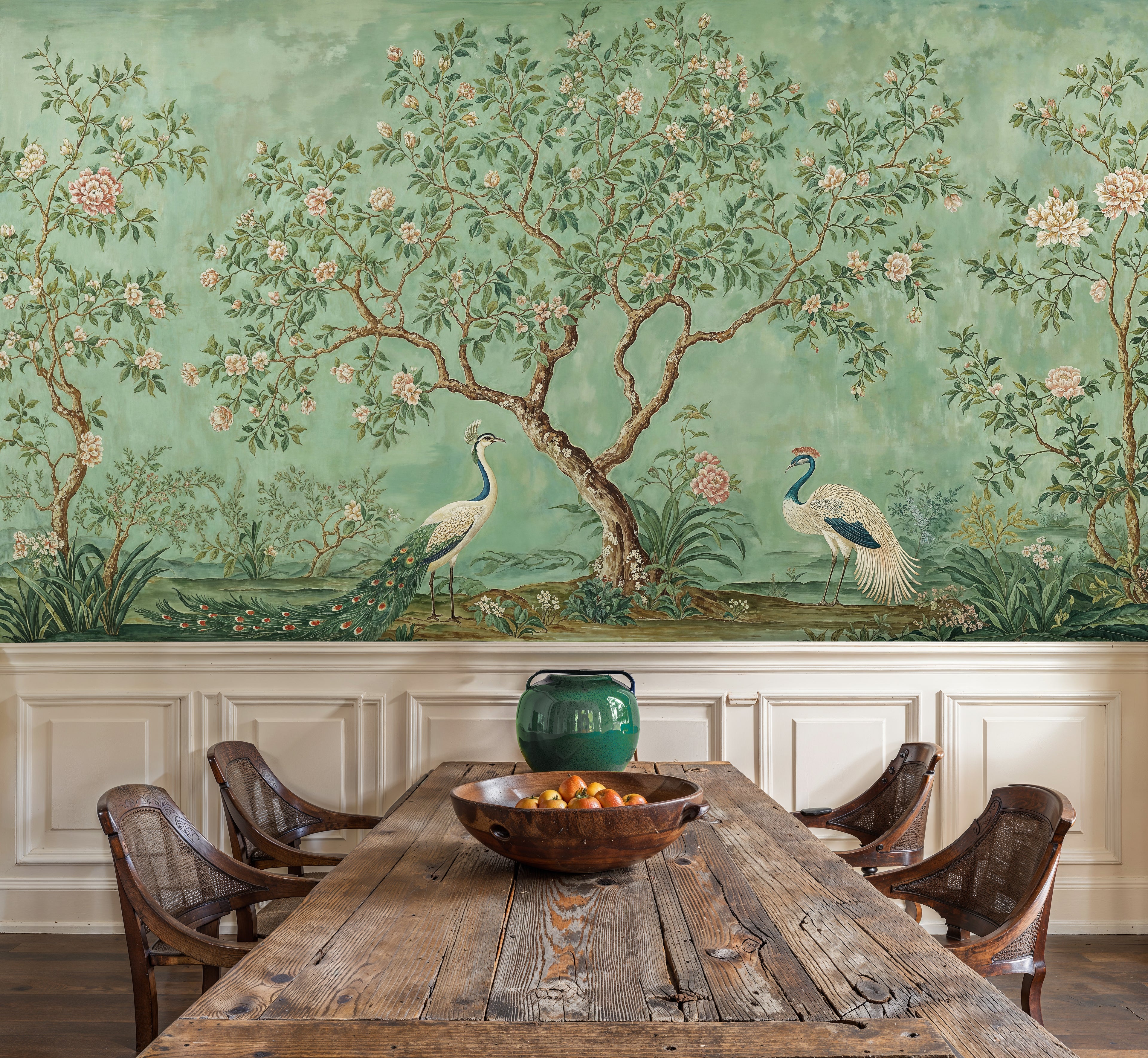 Opulent Chinoiserie Mural with Deep Oxblood Red Wainscoting
