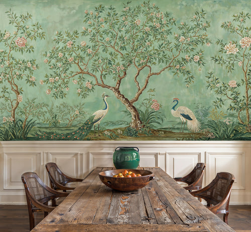 Opulent Chinoiserie Mural with Deep Oxblood Red Wainscoting
