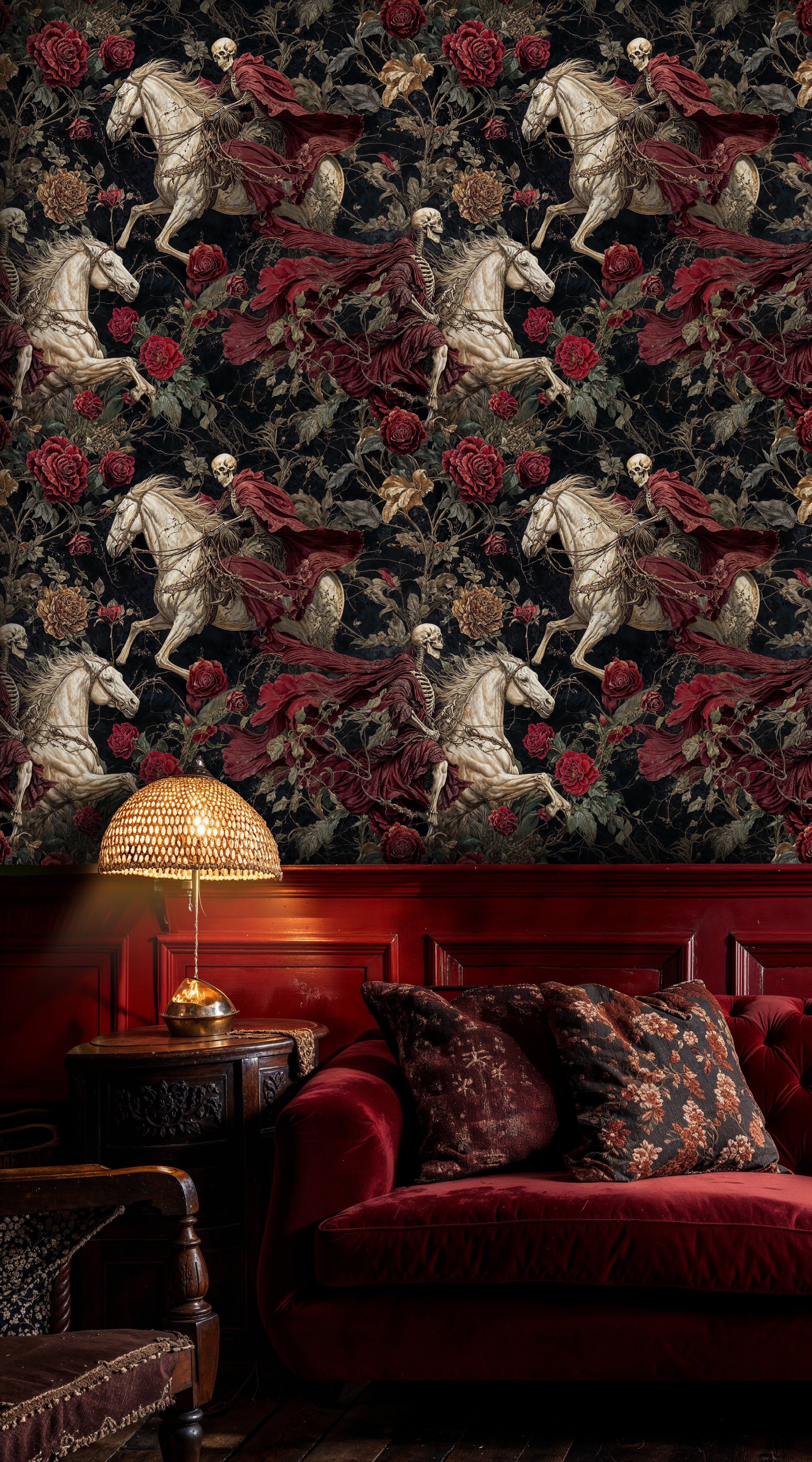 Gothic Skeleton Rider and Red Rose Patterned Dark Wallpaper