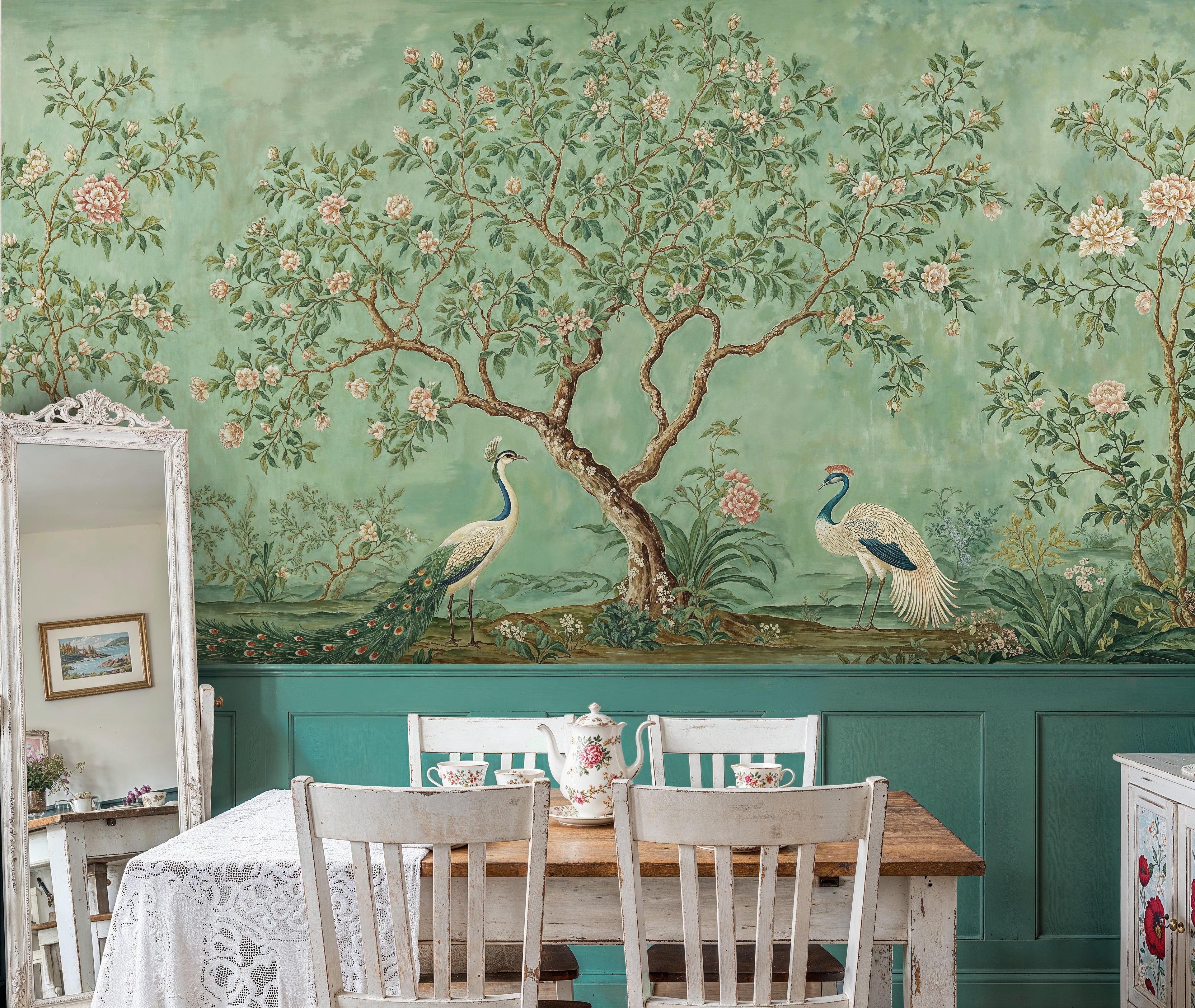 Opulent Chinoiserie Mural with Deep Oxblood Red Wainscoting