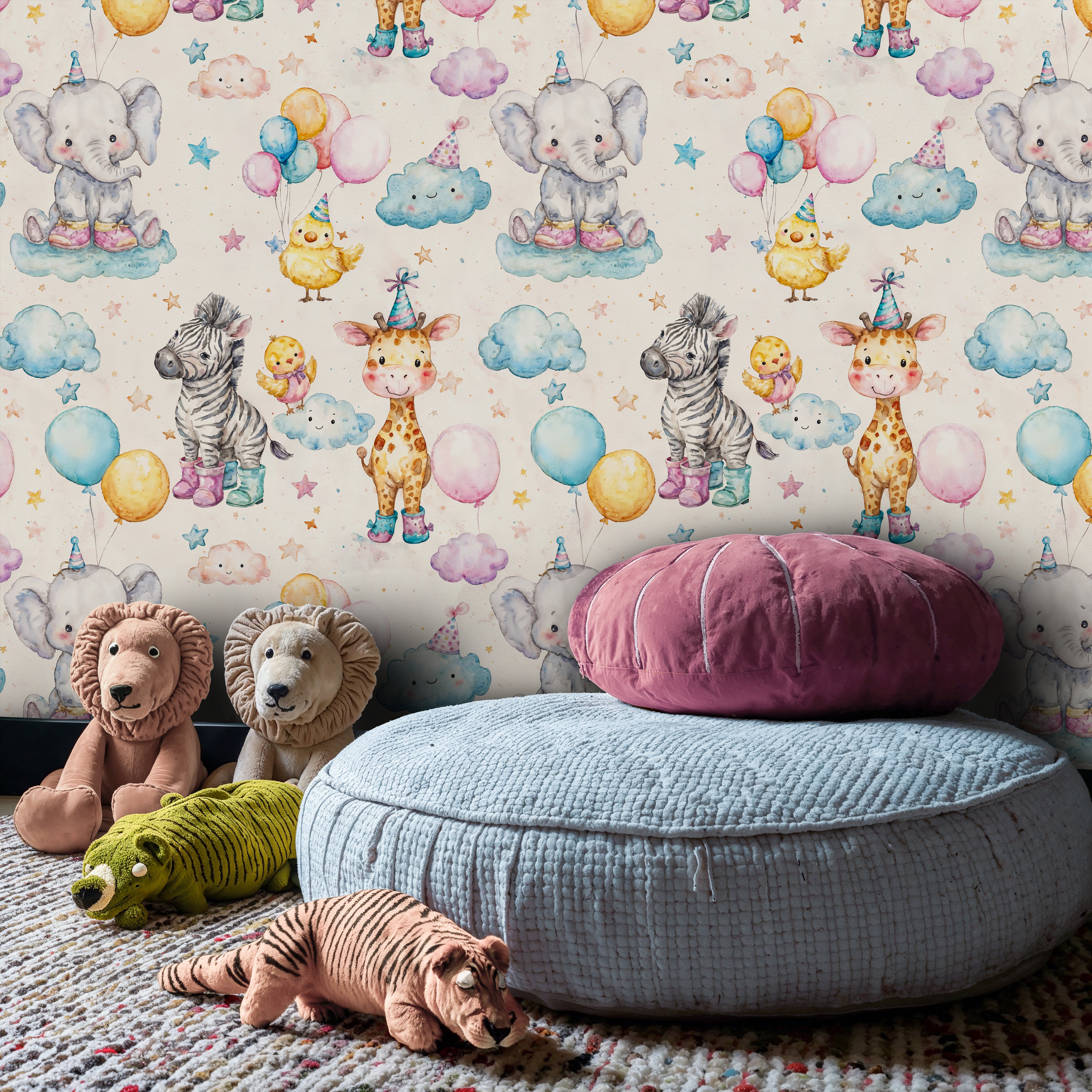 Whimsical Watercolor Safari Party Animals Nursery Wallpaper