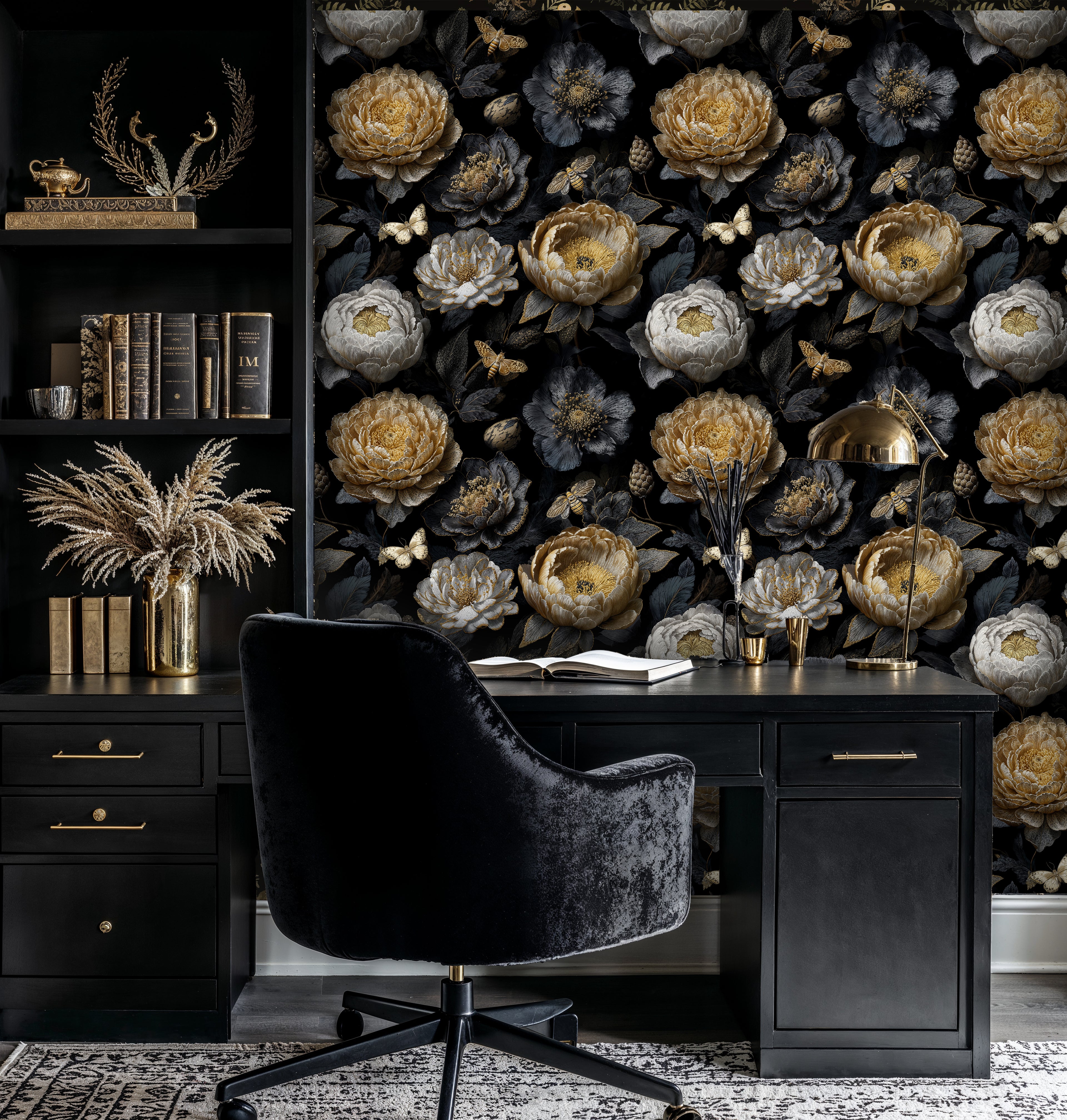 Dark Moody Gold and White Peony Floral Wallpaper
