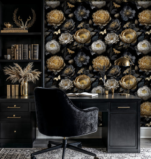 Dark Moody Gold and White Peony Floral Wallpaper