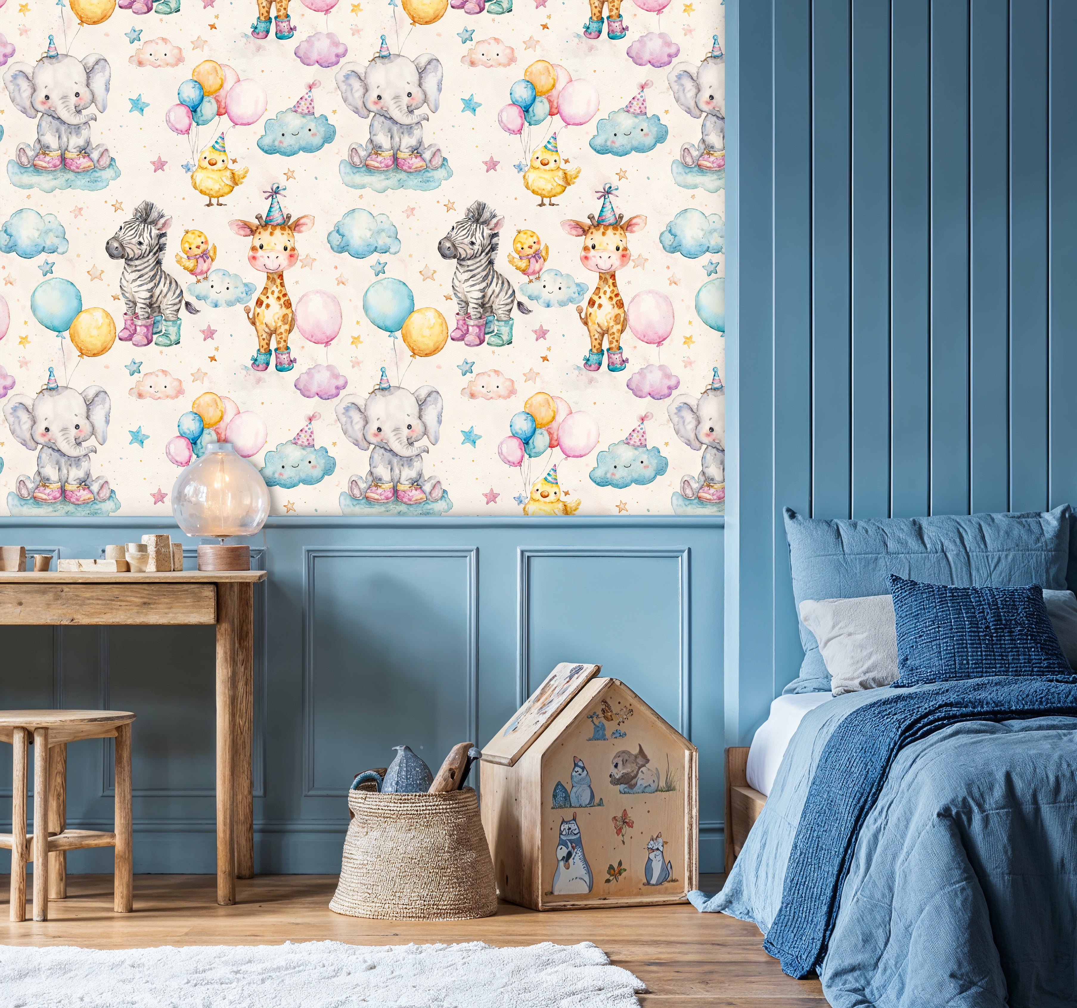 Whimsical Watercolor Safari Party Animals Nursery Wallpaper
