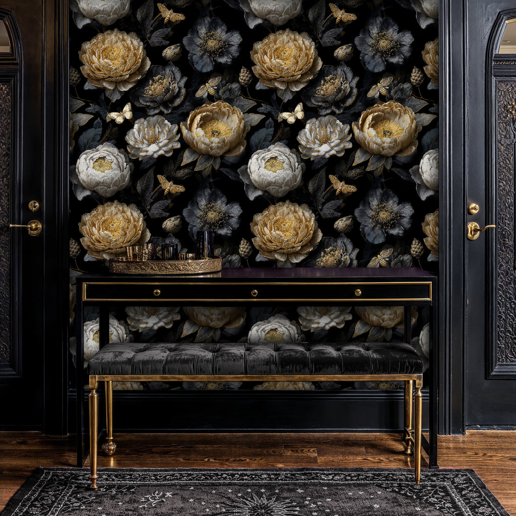 Dark Moody Gold and White Peony Floral Wallpaper