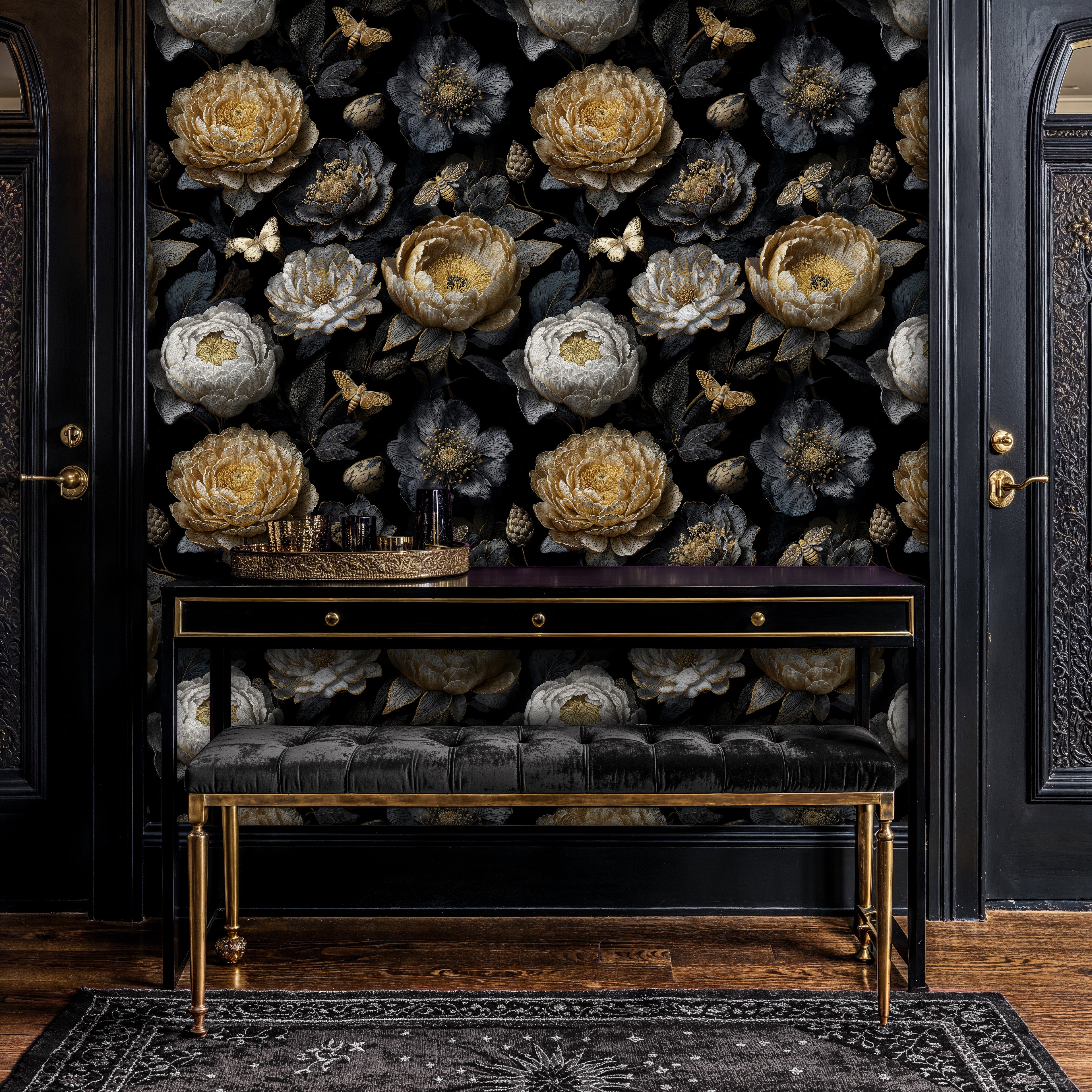 Dark Moody Gold and White Peony Floral Wallpaper