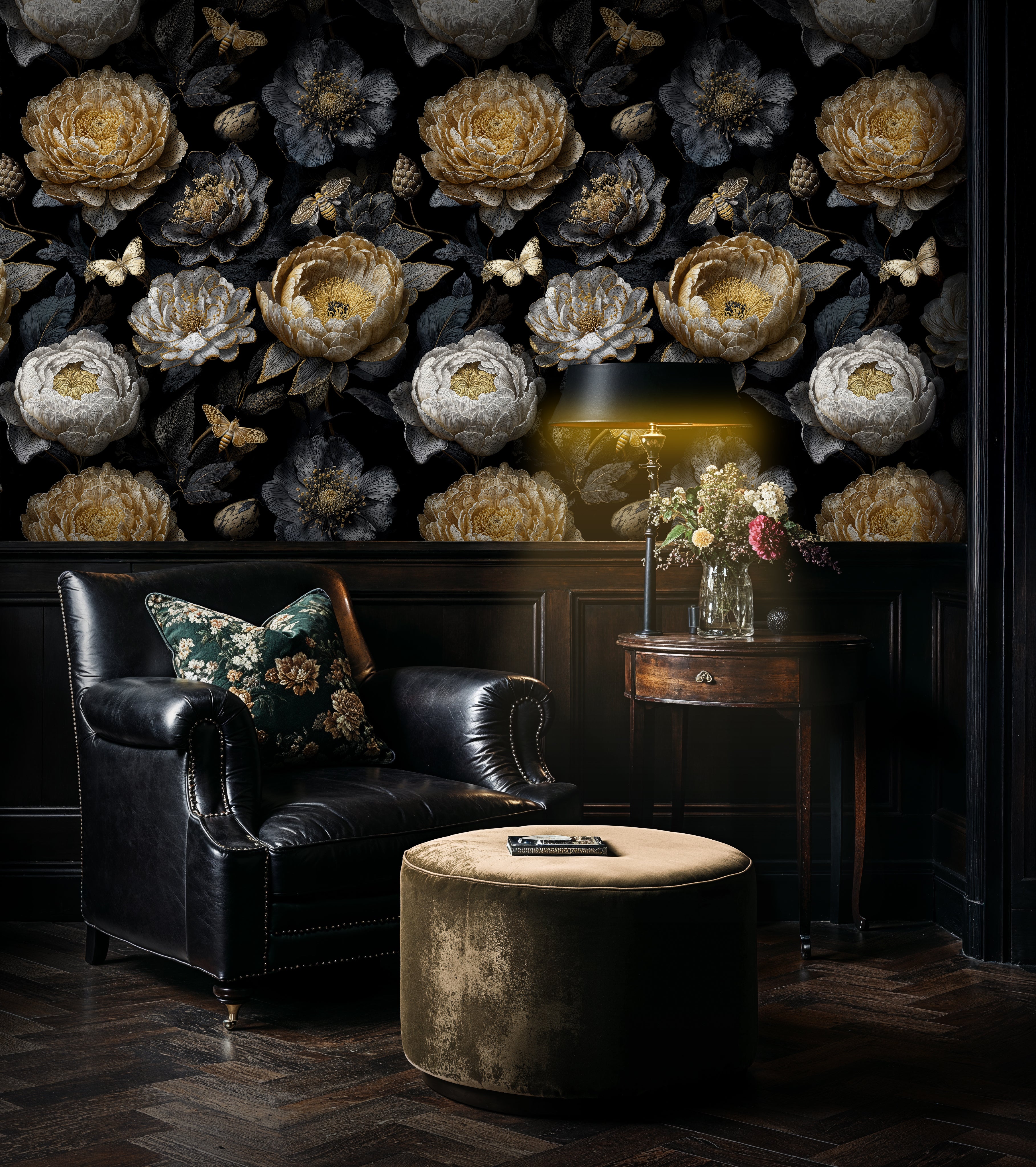 Dark Moody Gold and White Peony Floral Wallpaper